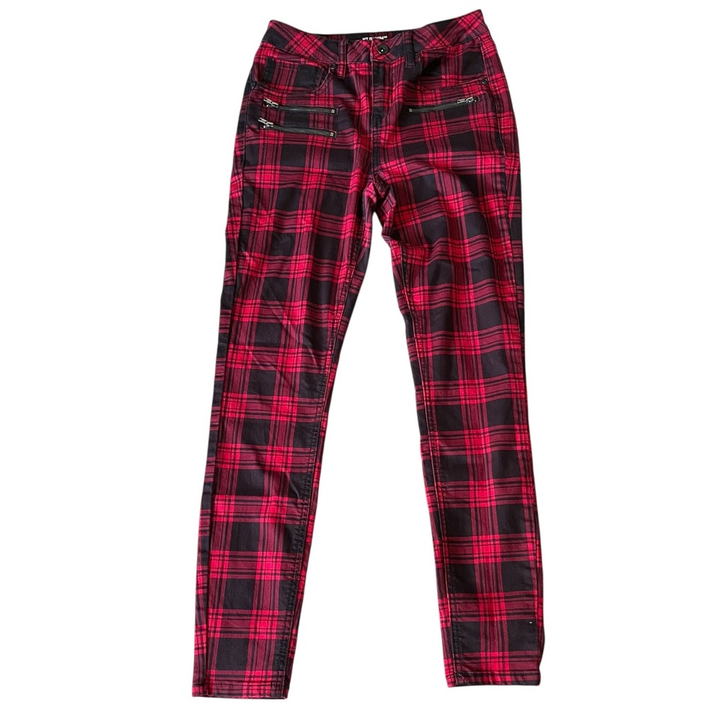 HT Denim Red Black Plaid Hi-Rise Super Skinny Pants Zipper Detail Punk Goth 5